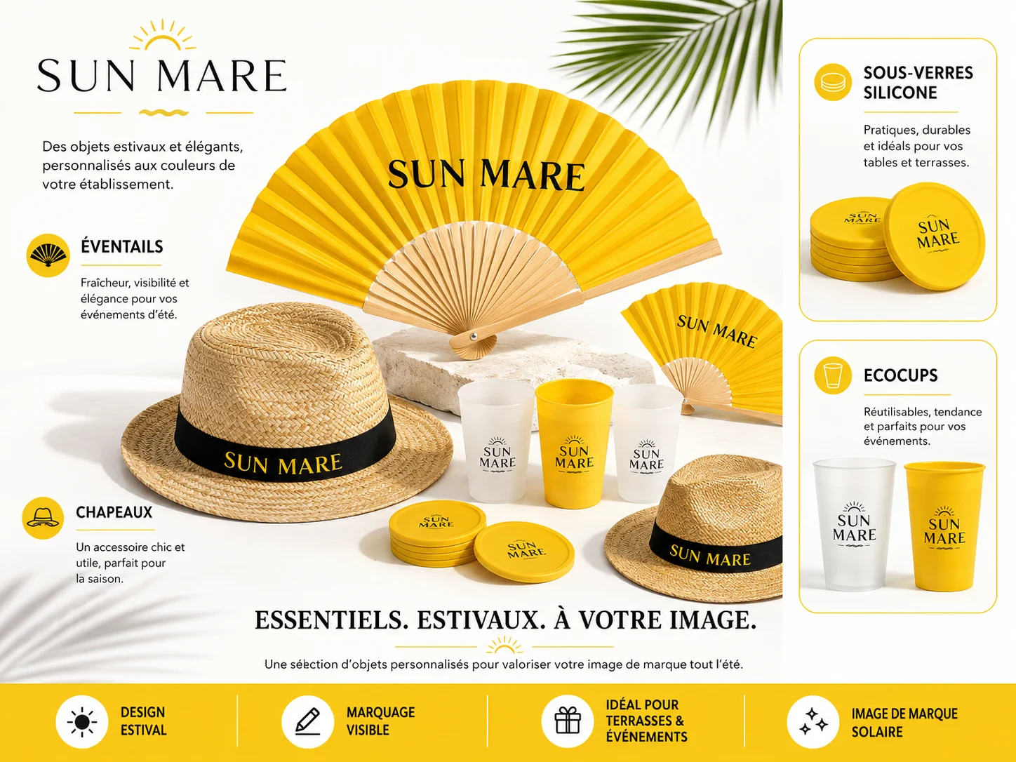 Pack été : eventails, chapeaux, cups et dessous de verre personnalisé avec votre logo grace à PEPS Objet Media