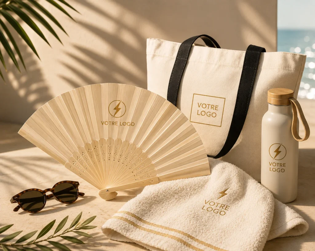 Pack été: eventails, serviette de plage, sac de plage, bouteille isotherme personnalisé avec votre logo grace à PEPS Objet Media