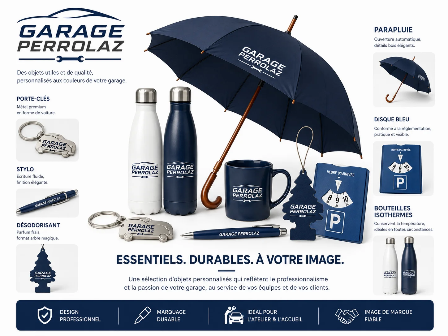 Pack garage : porte clés, stylo, désodorisant, bouteilles isothermes, disque bleu, parapluie personnalisé avec votre logo grâce à PEPS Objet Media