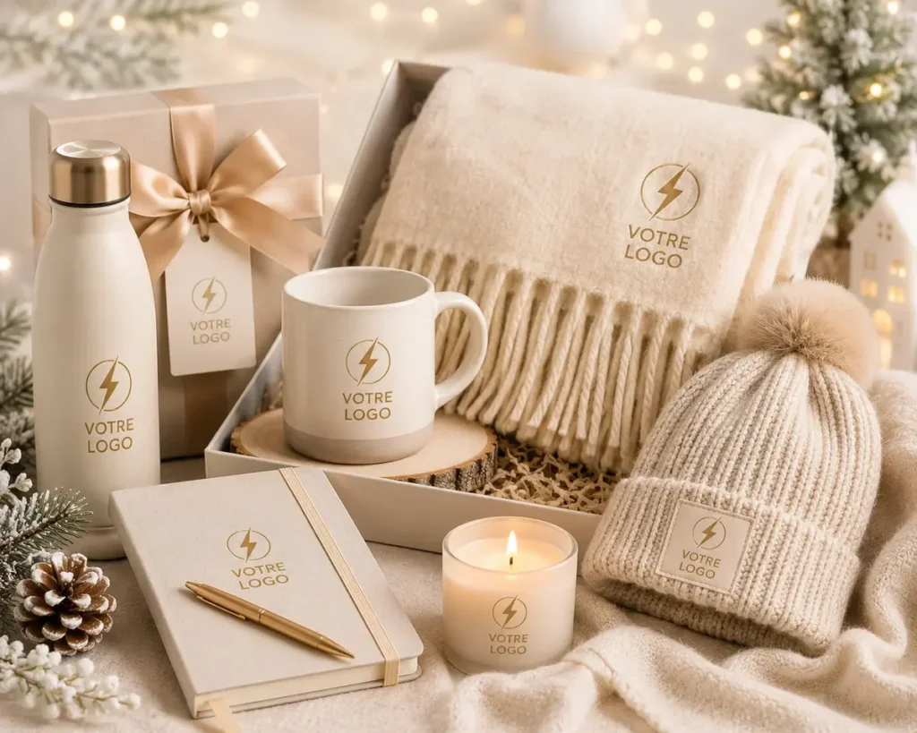 Pack hiver : bonnet, plaide, bougie, carnet de note, stylo, bouteille isotherme personnalisé avec votre logo grace à PEPS Objet Media