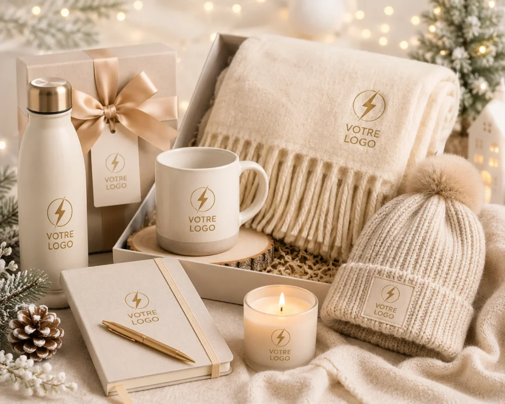 Pack hiver : bonnet, plaide, bougie, carnet de note, stylo, bouteille isotherme personnalisé avec votre logo grace à PEPS Objet Media