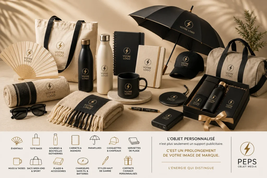 Tous les objets ce personnalise avec PEPS Objet Media. Du stylo, à la serviette de plage mais également au sac de sport et bien d'autre objet.